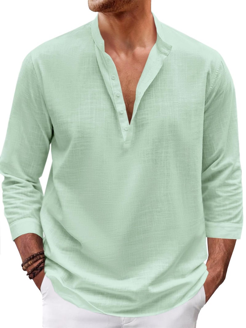 Karlywindow Mens Linen Henley Shirts Long Sleeve Hippie Yoga Summer Beach Casual Henleys T-Shirt Light Green - Image 1